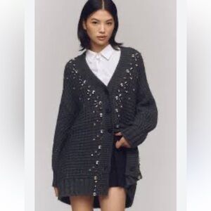 Anthropologie Maeve Oversized Embellished Grey Cardigan Sweater Size Medium